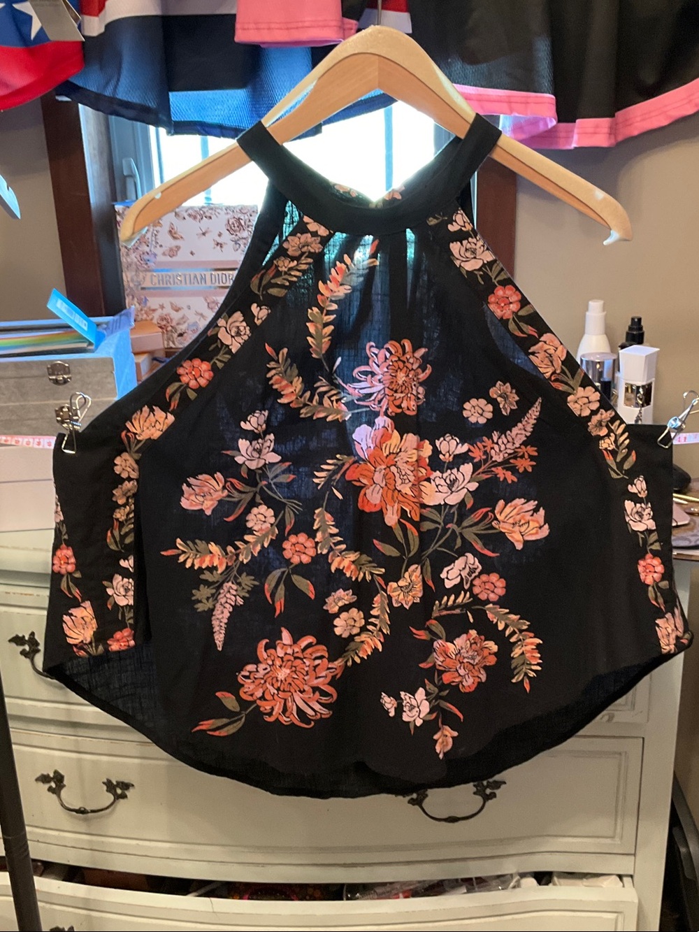 Free People Black Floral Halter Camisole with Pink and Peach Flowers